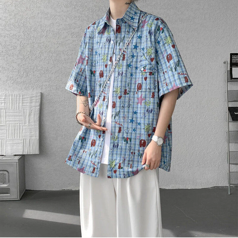 夏季男短袖休闲薄款冰丝花衬衫痞帅薄款半袖宽松大码衬衣外穿寸衫