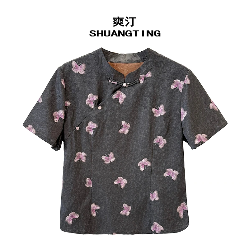 Jokara/丘可儿【落流霞】新中式盘扣红色吉祥短袖提花女士T恤上衣