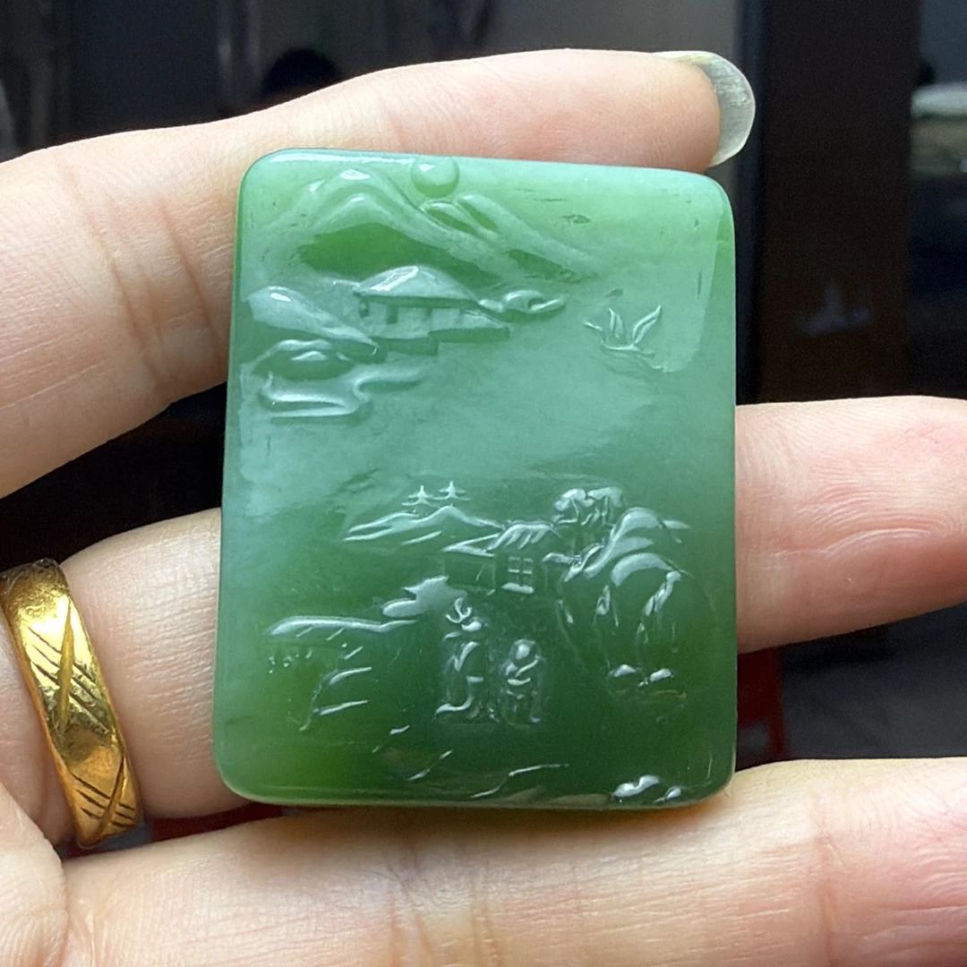 和田玉碧玉阳绿平安山水牌36*29*9