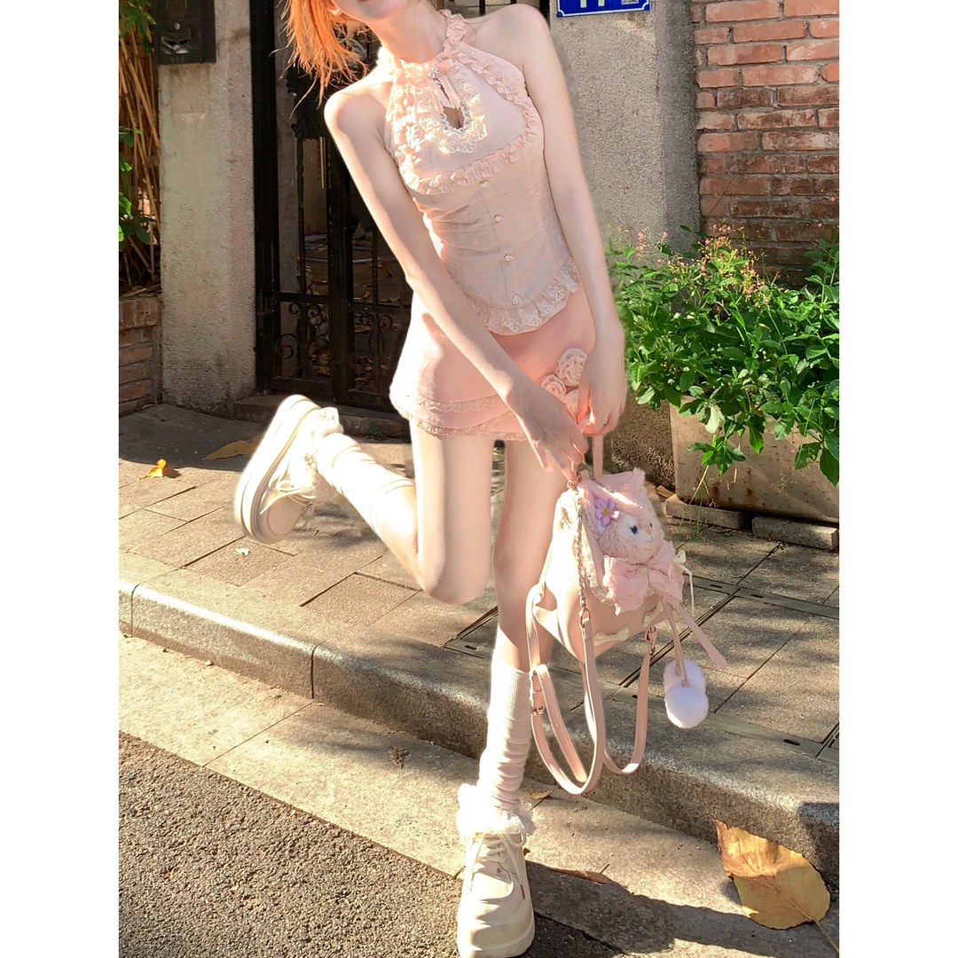 瑞茜·威瑟斯 玫瑰故事 夏季纯欲风小众设计上衣短裙R8265-1Y