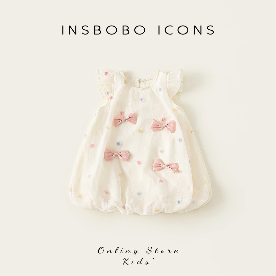 INSbobo女童小飞袖公主裙圆领小飞袖蝴蝶结花朵网纱连衣裙XQ25192