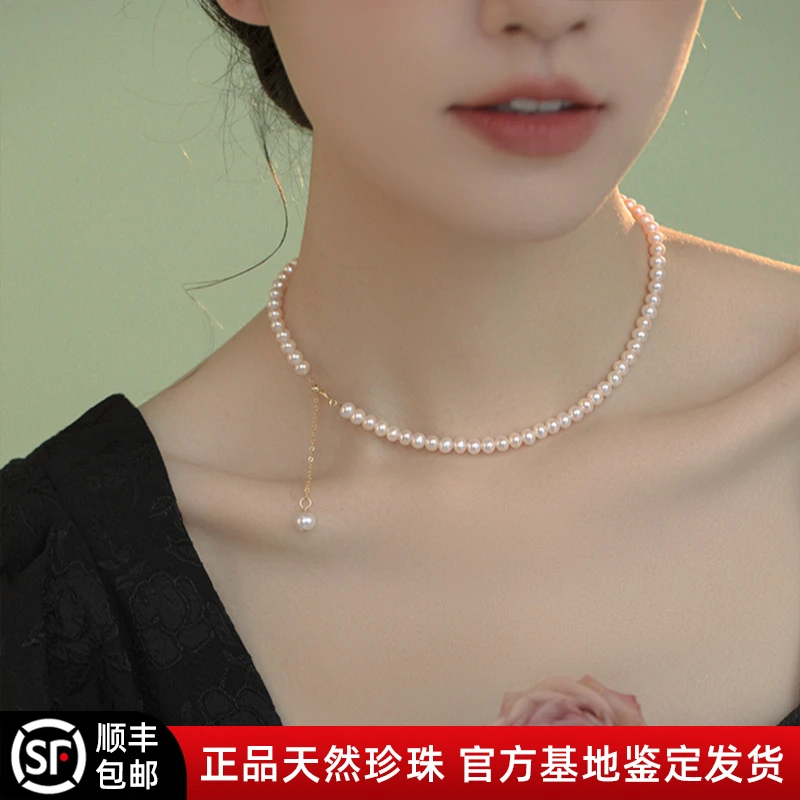 4mm高品质纯天然淡水珍珠项链女气质百搭强光小米珠锁骨链
