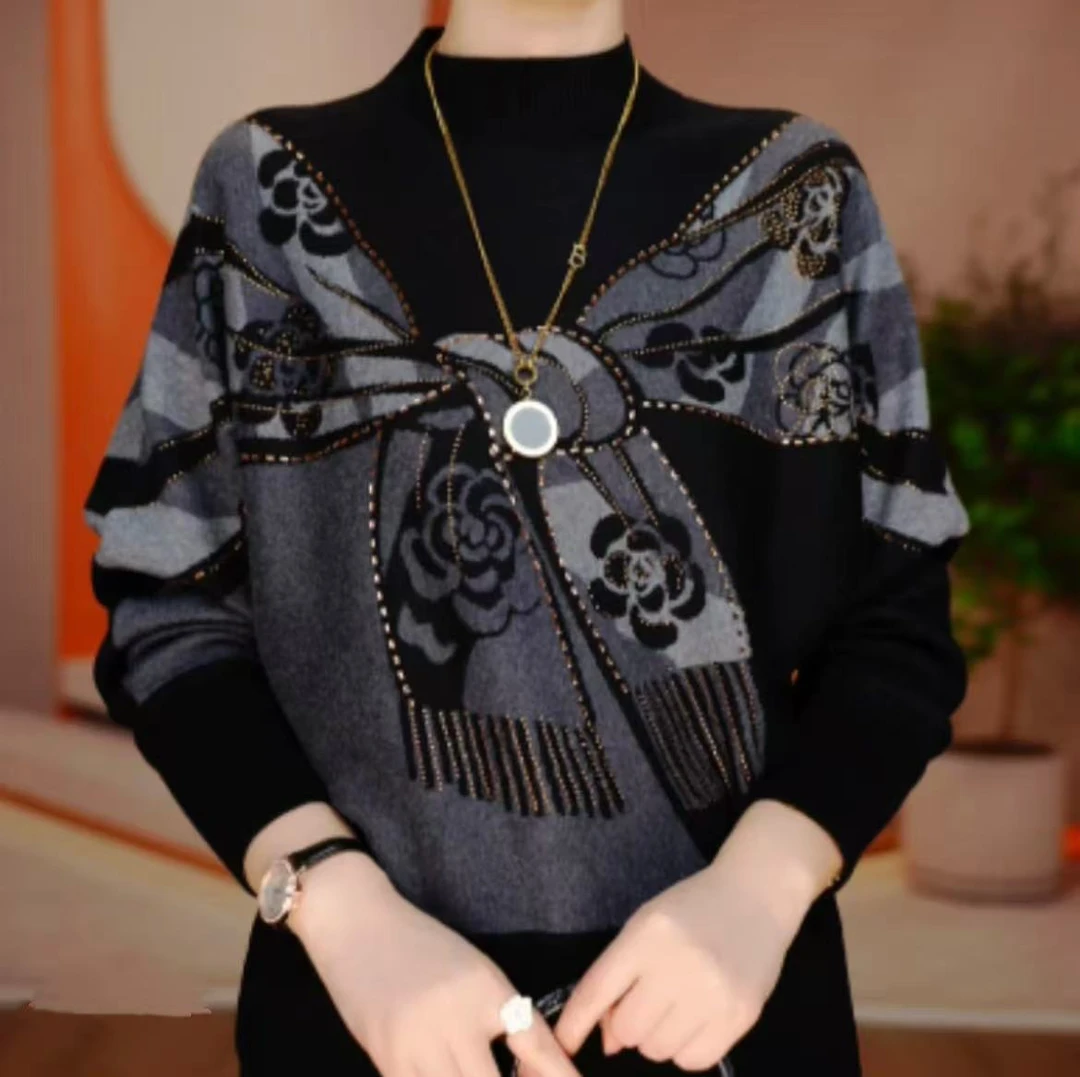 设计款时尚拼色烫钻双面德容女秋冬新款宽松显瘦减龄百搭打底衫