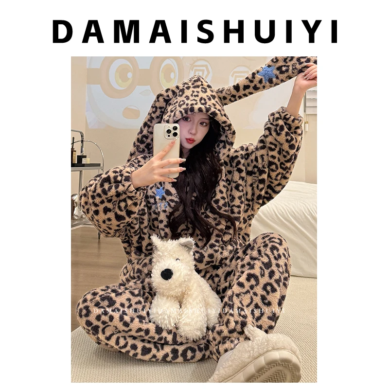 法兰绒睡衣女秋冬保暖甜美加绒加厚睡衣冬天长袖珊瑚绒家居服套装