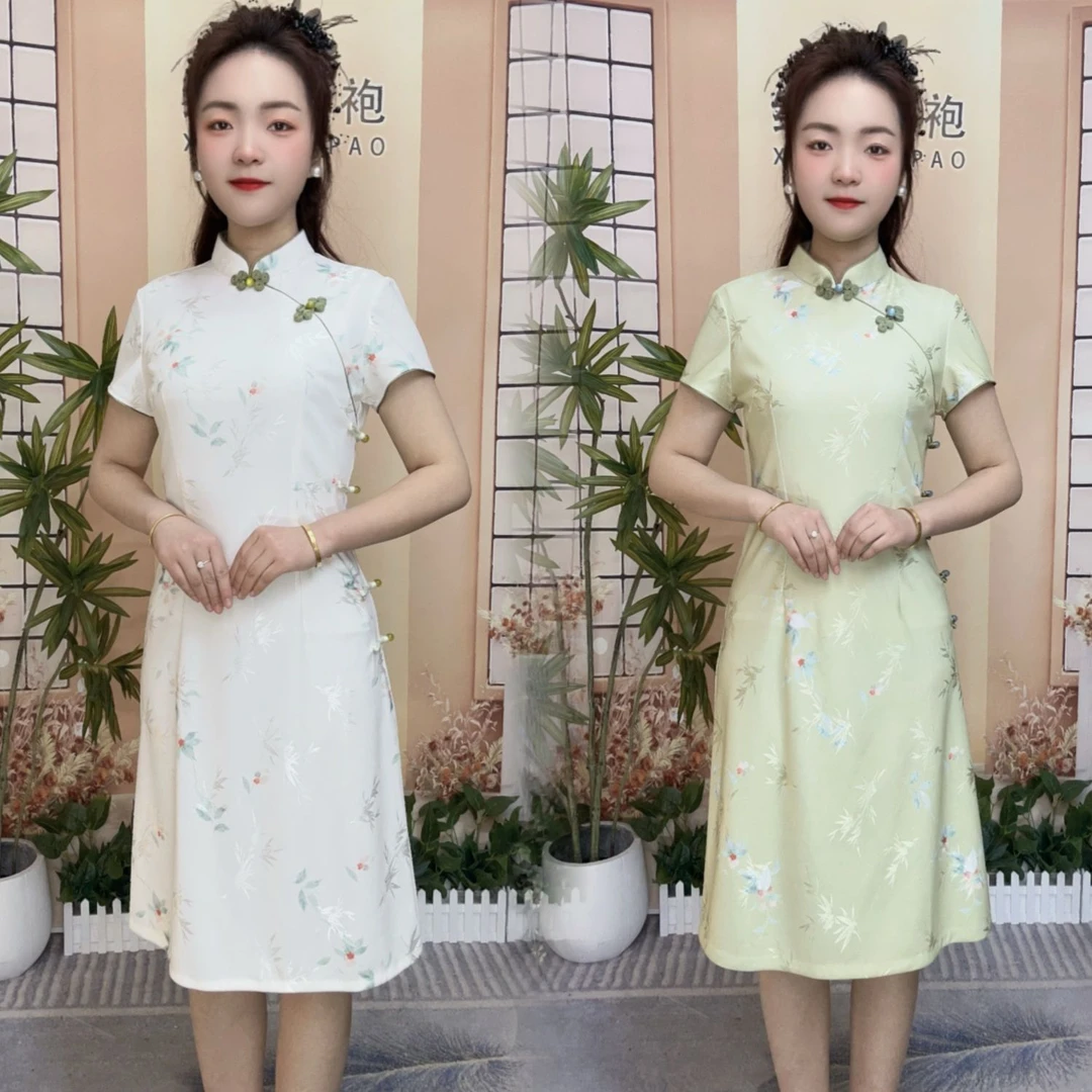 中长款旗袍绿色小个子新中式盘扣古风遮肚子改良中国风连衣裙
