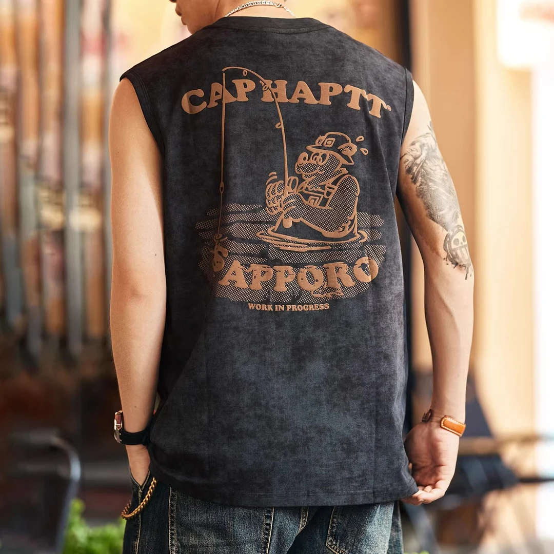 MR.MUDI/穆迪先生美式复古坎肩印花背心男夏运动健身无袖短袖t恤