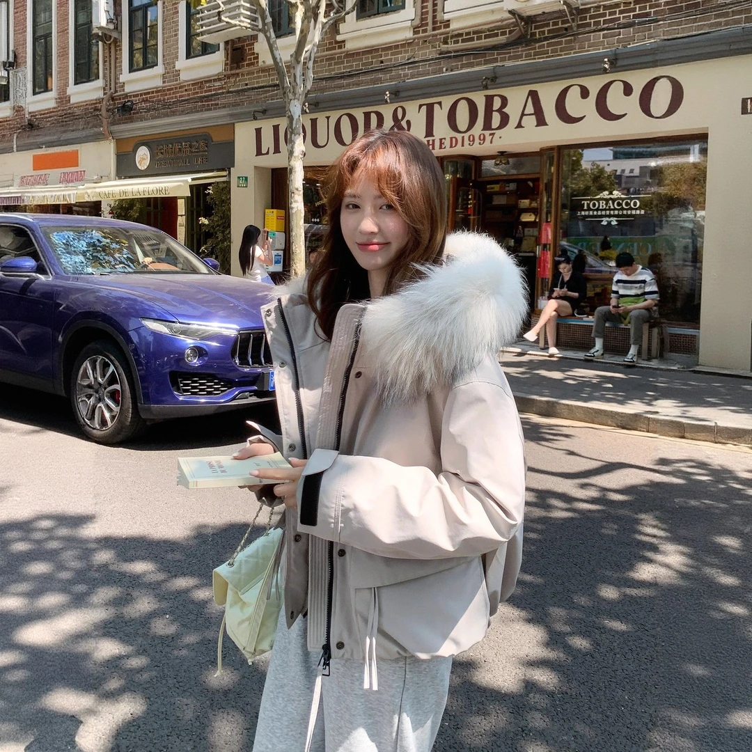 潮牌新品白灰色短款连帽棉服女2025冬季加厚防风高个子派克服外套