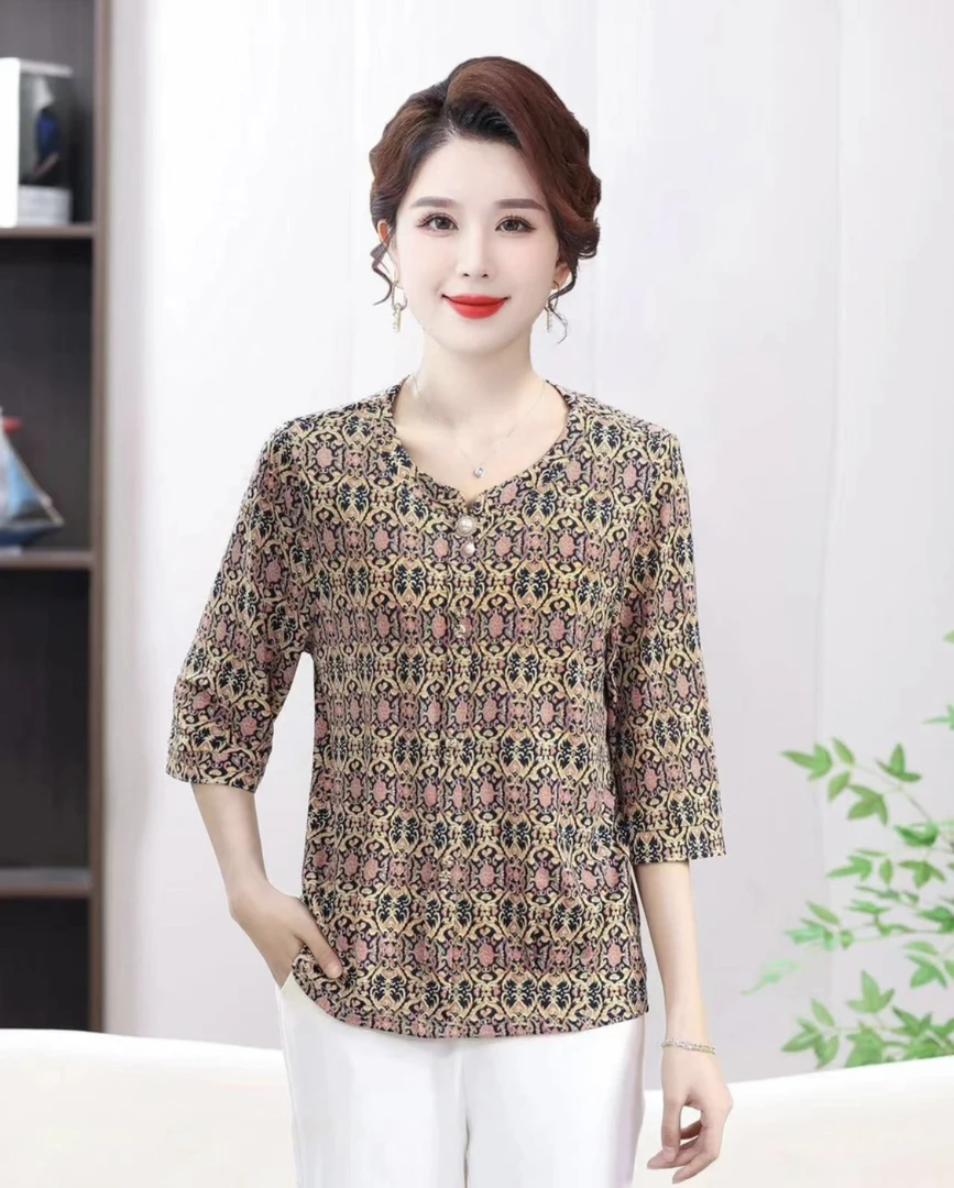 6188春夏妈妈装圆领印花洋气宽松遮肉中老年减龄显瘦中袖洋气上衣