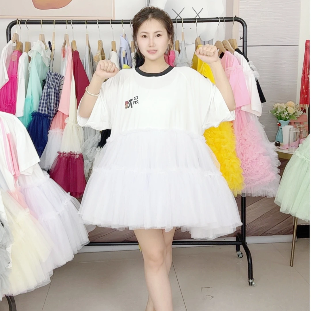 设计师款夏季网纱拼接连衣裙女款洋气重工蓬蓬裙漂亮别致字母小衫