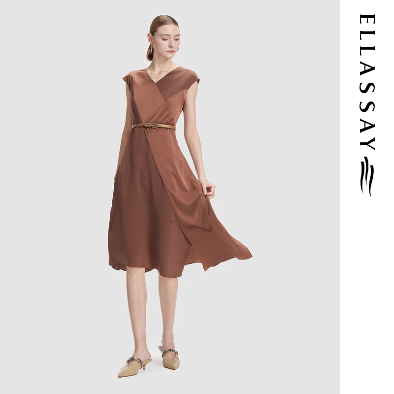 ELLASSAY歌力思夏季新款舒适简约气质V领连衣裙女EWF355Y18900