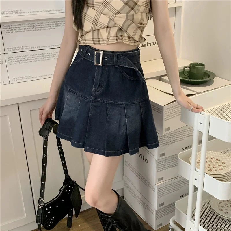 37  复古港风简约时尚百搭水洗蓝牛仔半身裙（K015）