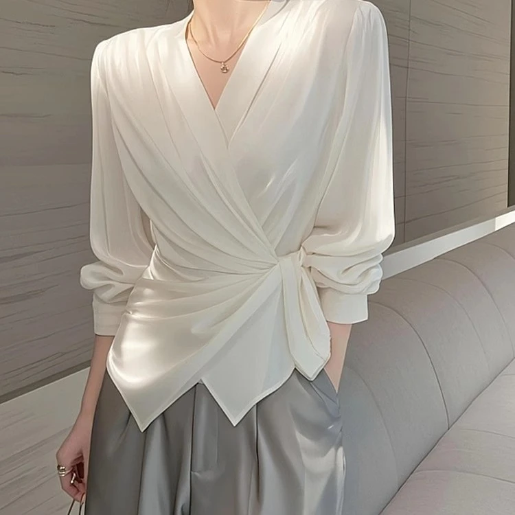 洋气秋季气质轻熟法式小众轻奢高级感白色长袖上衣衬衫收腰衬衣女