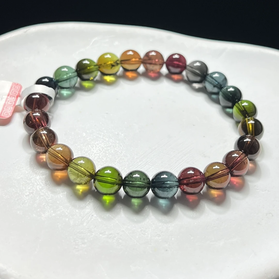 低调老矿碧玺单圈手链手串彩虹色搭配三段色彩