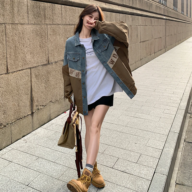 复古拼色牛仔短外套女小众设计春秋2025新款oversize显瘦休闲上衣