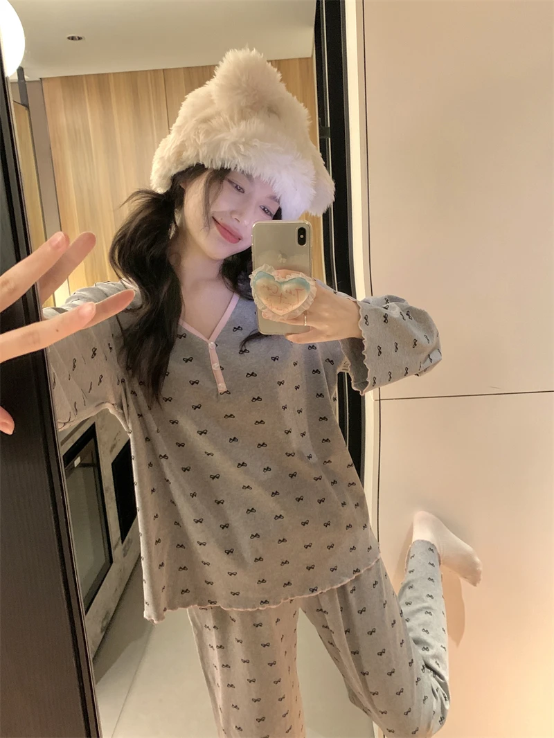 韩版甜美可爱蝴蝶结撞色花边纯棉睡衣套装秋季新款长袖长裤家居服