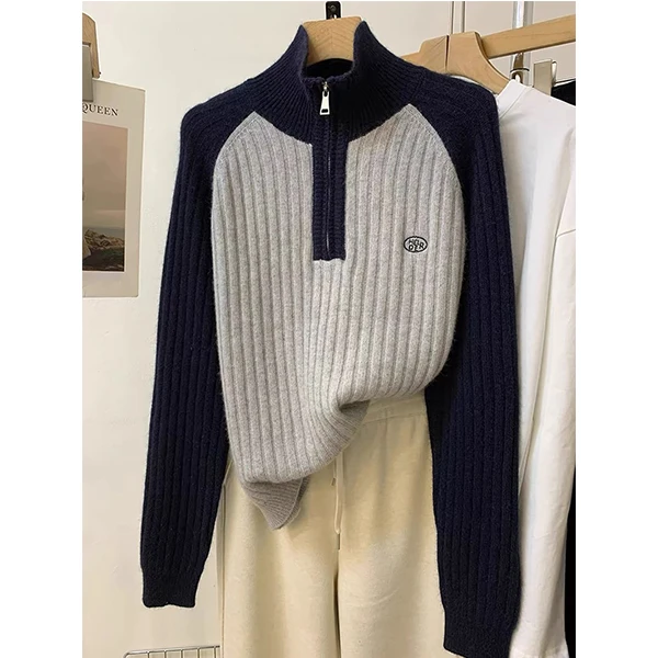 【藏青灰色拼色半拉链】针织衫宽松显瘦休闲时尚百搭秋冬