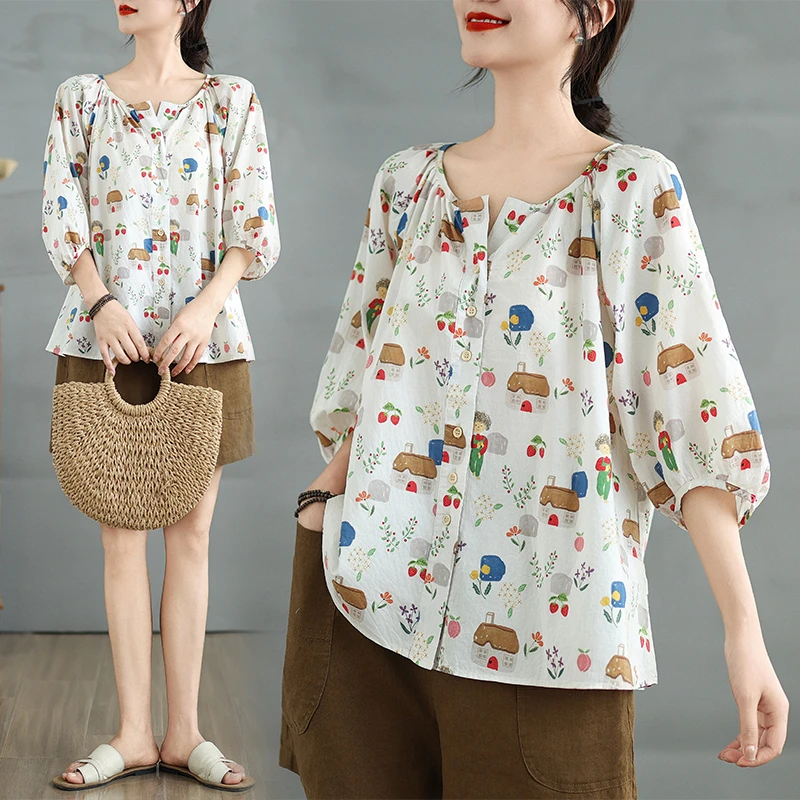 娃娃衫上衣女夏新款宽松法式甜美V领灯笼袖百搭童趣印花衬衫