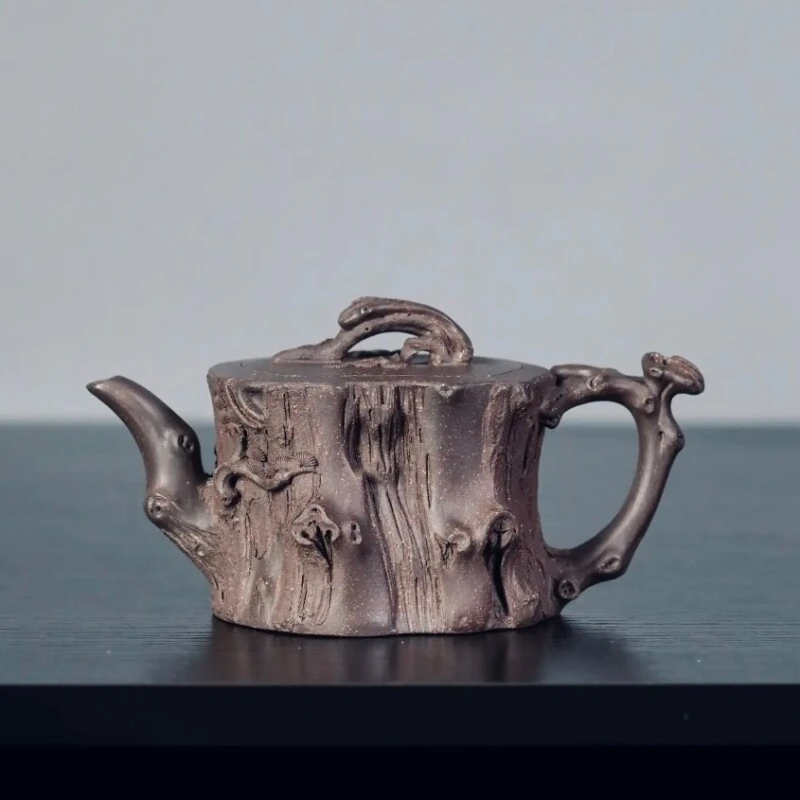 紫砂壶全手工鸣远松桩壶黄龙山原矿天青泥暗肝色 纯手工手制