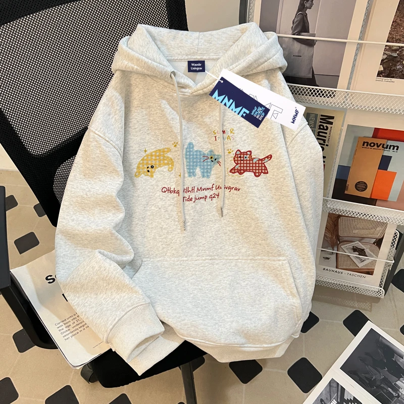 女童加绒卫衣秋冬2025新款格子猫咪印花中大童加厚保暖连帽衫上衣