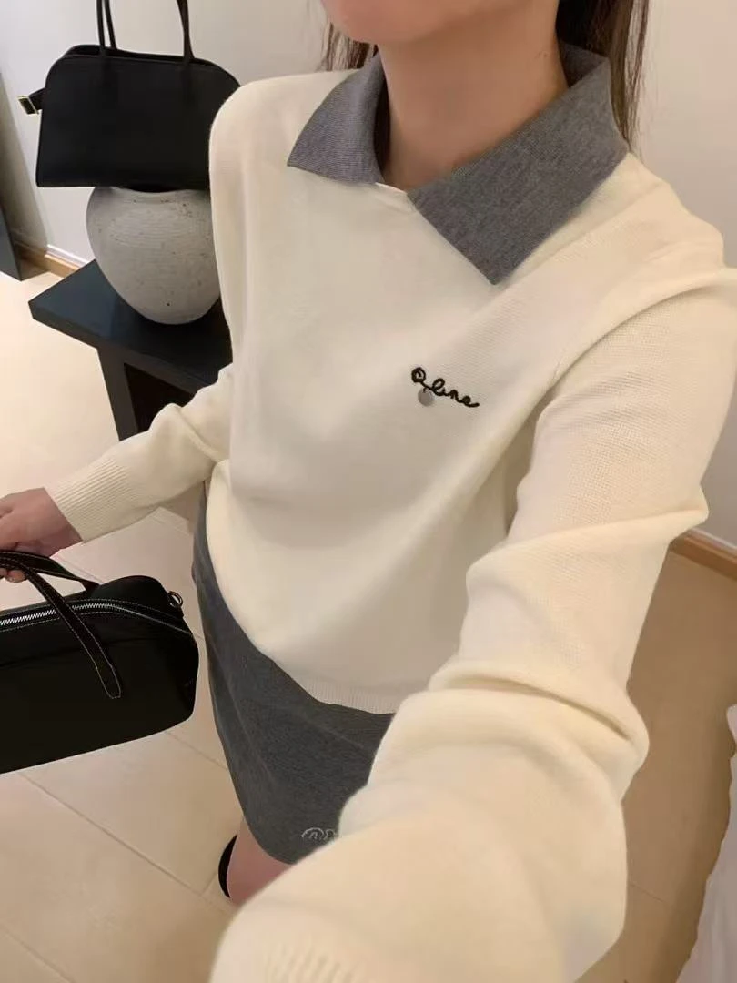 撞色pl领小刺绣针织衫上衣