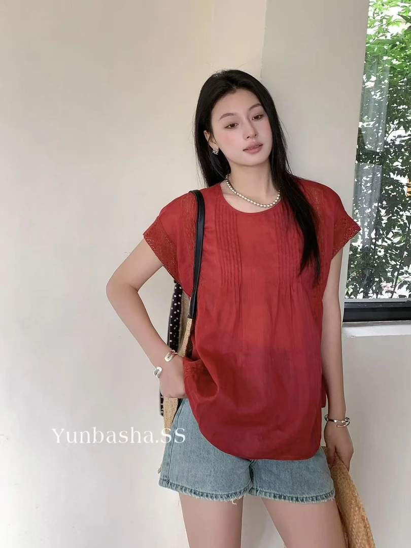 【摩姐姐欧韩】816夏款苎麻圆领坎肩蕾丝拼接雪纺衫