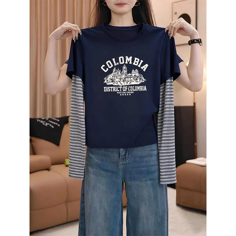 2025新款拼接条纹假两件藏青色长袖t恤女装秋季新款时尚百搭减龄