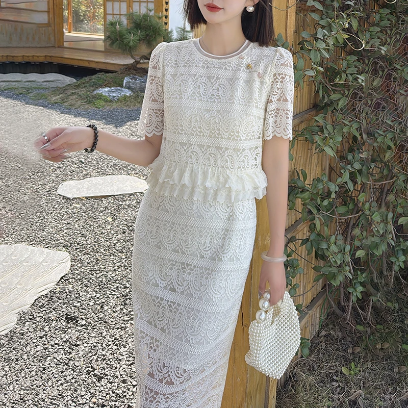 【假两件】镂空勾花长裙蕾丝小香风连衣裙女527-85620