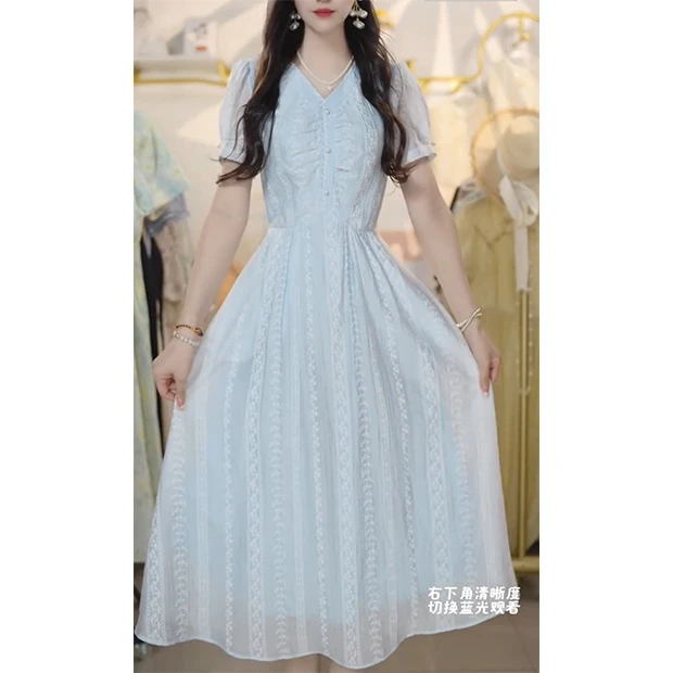 L5372短袖裙子时尚连衣裙气质长裙中腰夏季雅中长裙显瘦法式收腰