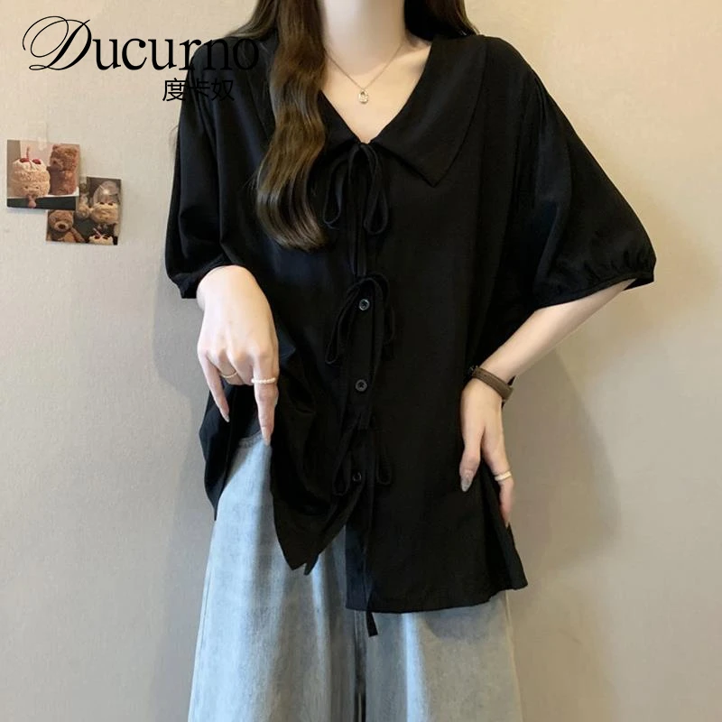 大码女装遮肚子娃娃领雪纺短袖衬衫女夏季胖妹妹宽松显瘦正肩上衣