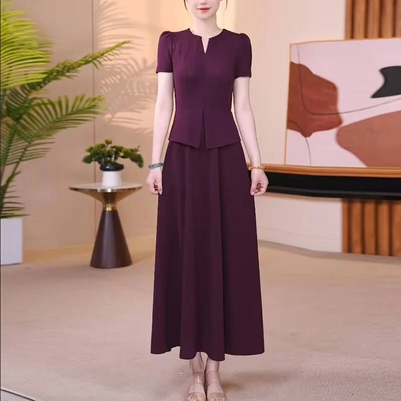 酒红色连衣裙2025夏季女新款短袖气质收腰显瘦减龄长连衣裙