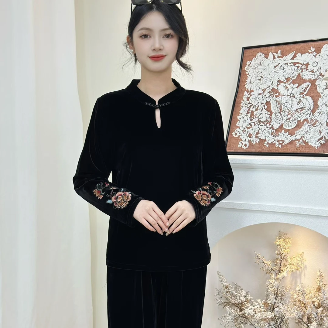 （炫彩牡丹）春秋时尚旗袍领刺绣金丝绒打底小衫亲肤百搭长袖上衣