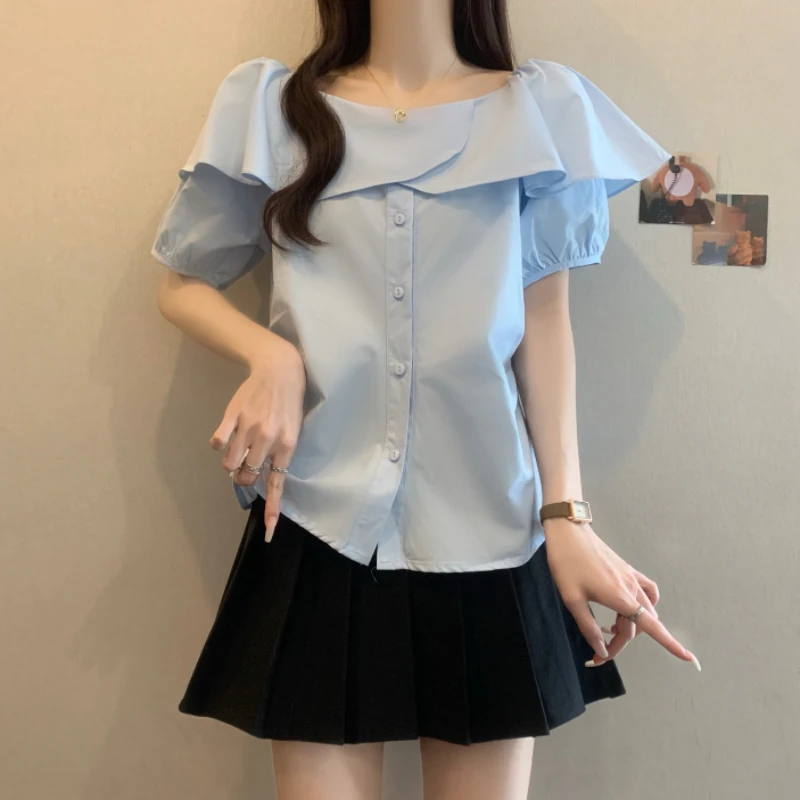 大码法式一字肩荷叶边褶皱短袖衬衫女2025春夏季新款宽松百搭上衣