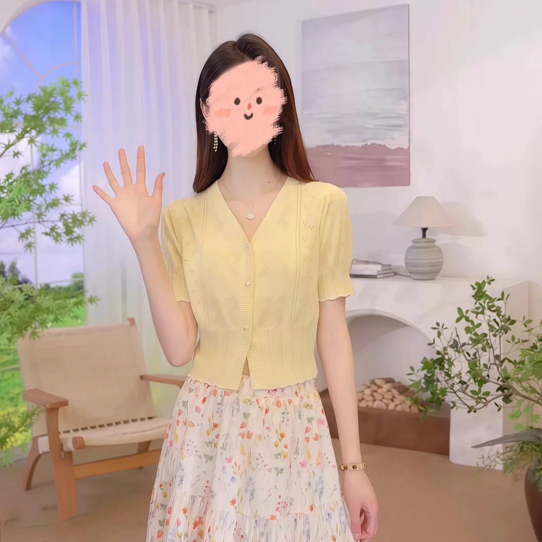 法式v领钩花冰丝短袖上衣t恤女夏季新款镂空薄款针织开衫气质小衫