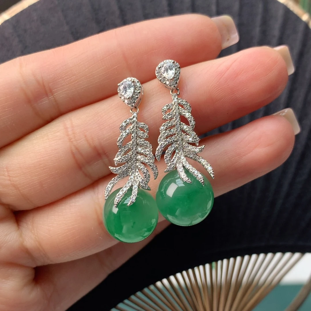 石英质玉（非洲翠）银S925镀金镶嵌冰飘花精品耳饰