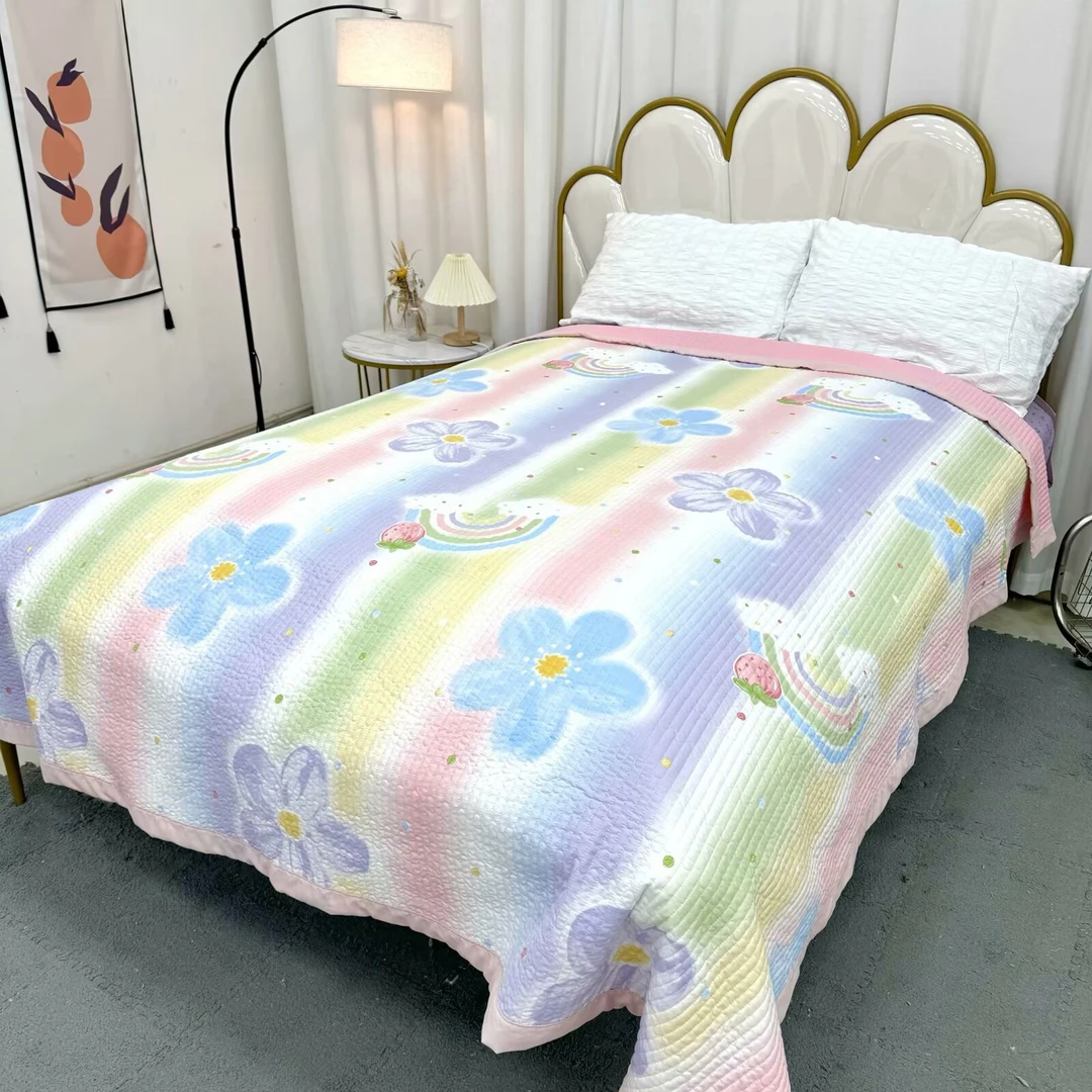 【彩虹花】水洗床盖碎花约2*2.3米宽边水洗绗缝包边床盖
