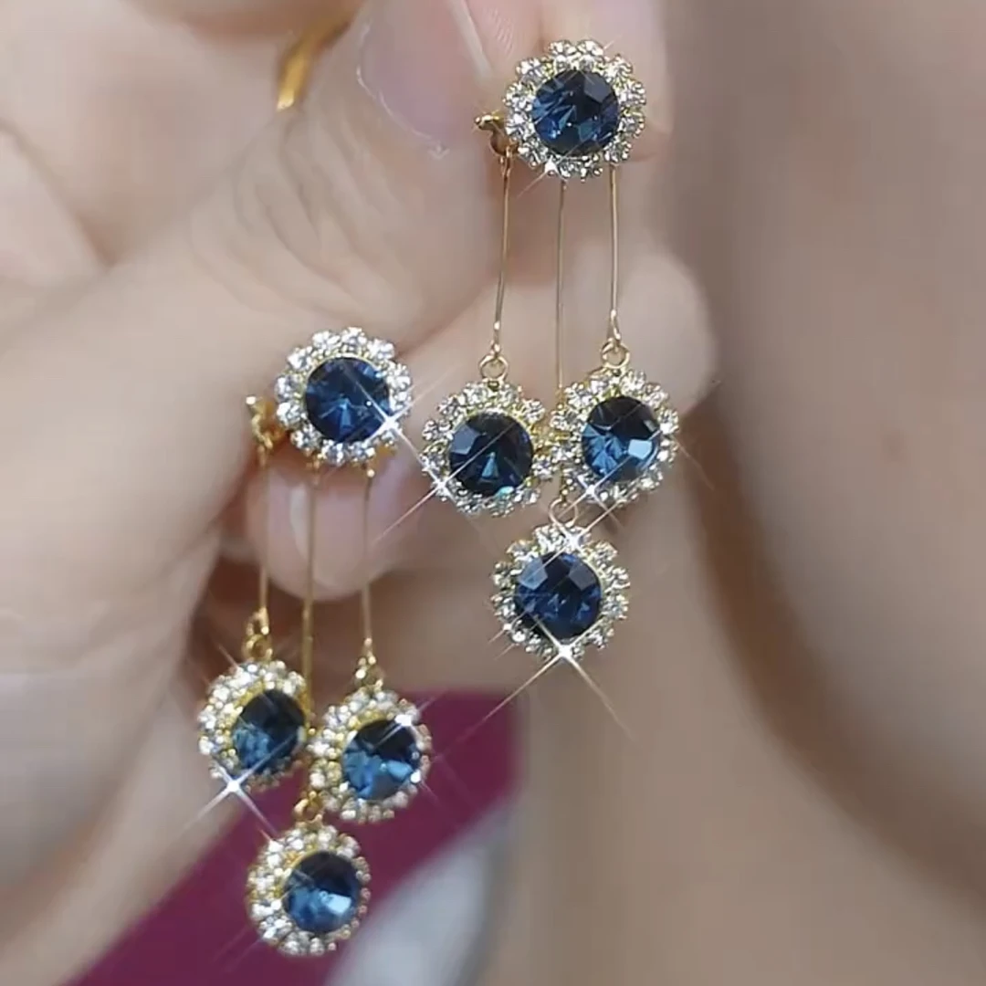 铜合金合成锆石耳饰 【三生有幸】时尚百搭一款多戴蓝色流苏耳环