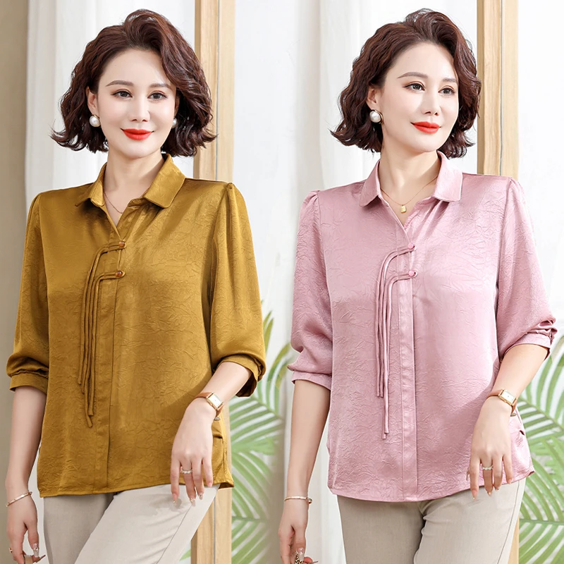 妈妈春夏七分袖上衣中年妇女衬衫40-50岁中老年女装衬衣T恤小衫薄
