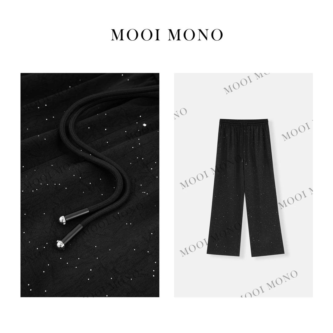 MOOI MONO"暮光"显瘦早春时尚黑色松紧腰撒银直筒阔腿裤 K633S51