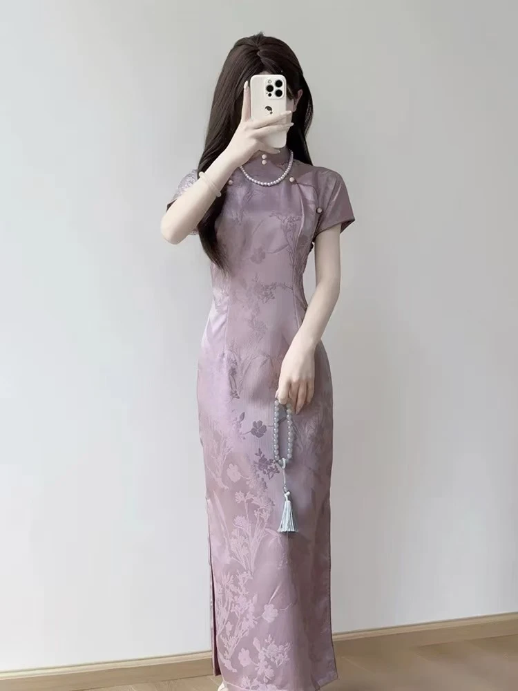 0302 紫色 2珠珠美玲襟 暗纹 旗袍