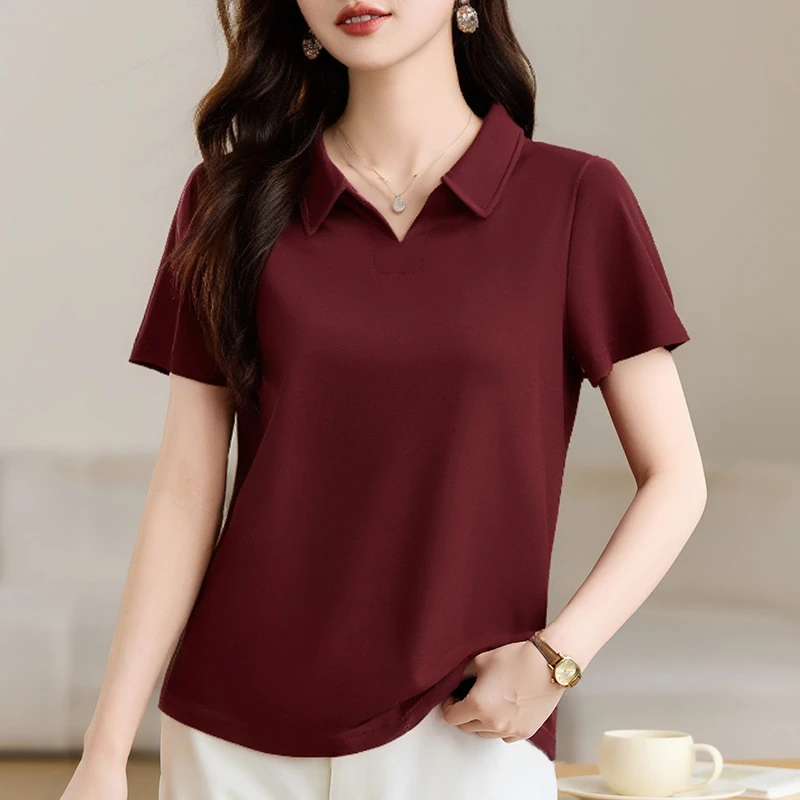 【精梳棉减龄翻领短袖】2025年新款夏季洋气t恤女时尚正肩上衣半袖
