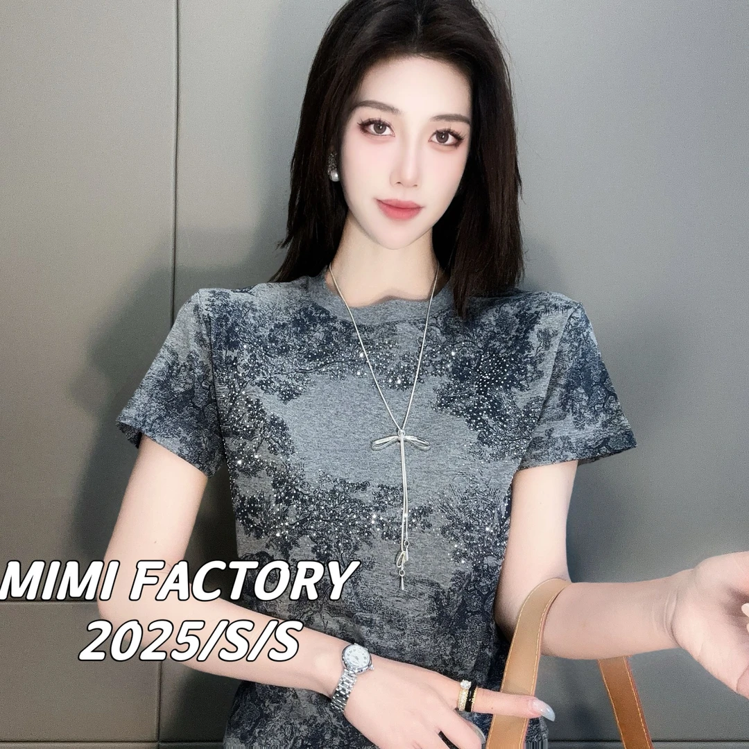 芈芈 2025新 欧货风景满印烫钻时尚短袖T恤女修身显瘦上衣4390#