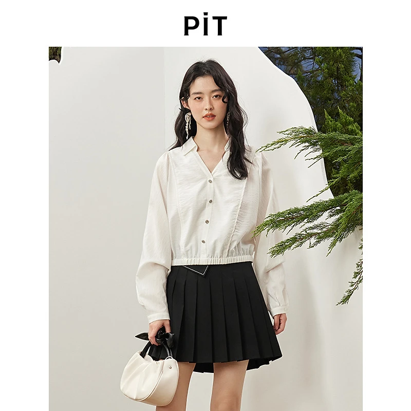 pit复古休闲白色半开领设计感衬衫女2025春新款长袖通勤气质上衣