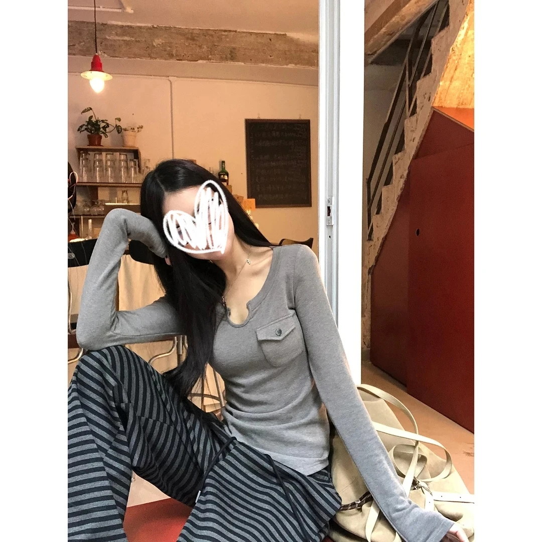 【休息日】秋季韩系纯欲长袖V领设计感显瘦T恤