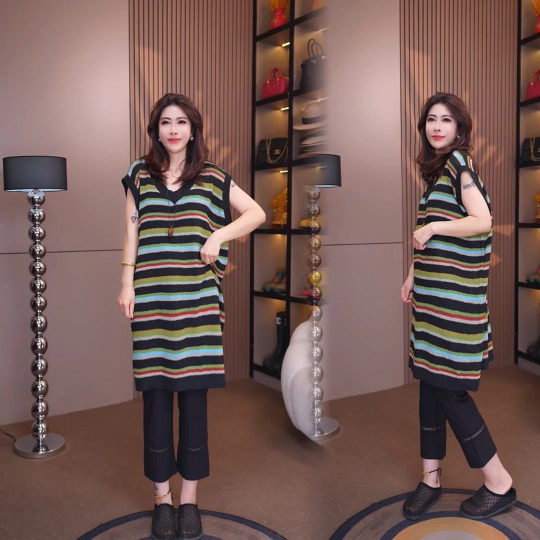 6960#《榜衣》韩版夏季新款时尚复古风拼色慵懒风设计师百搭连衣裙