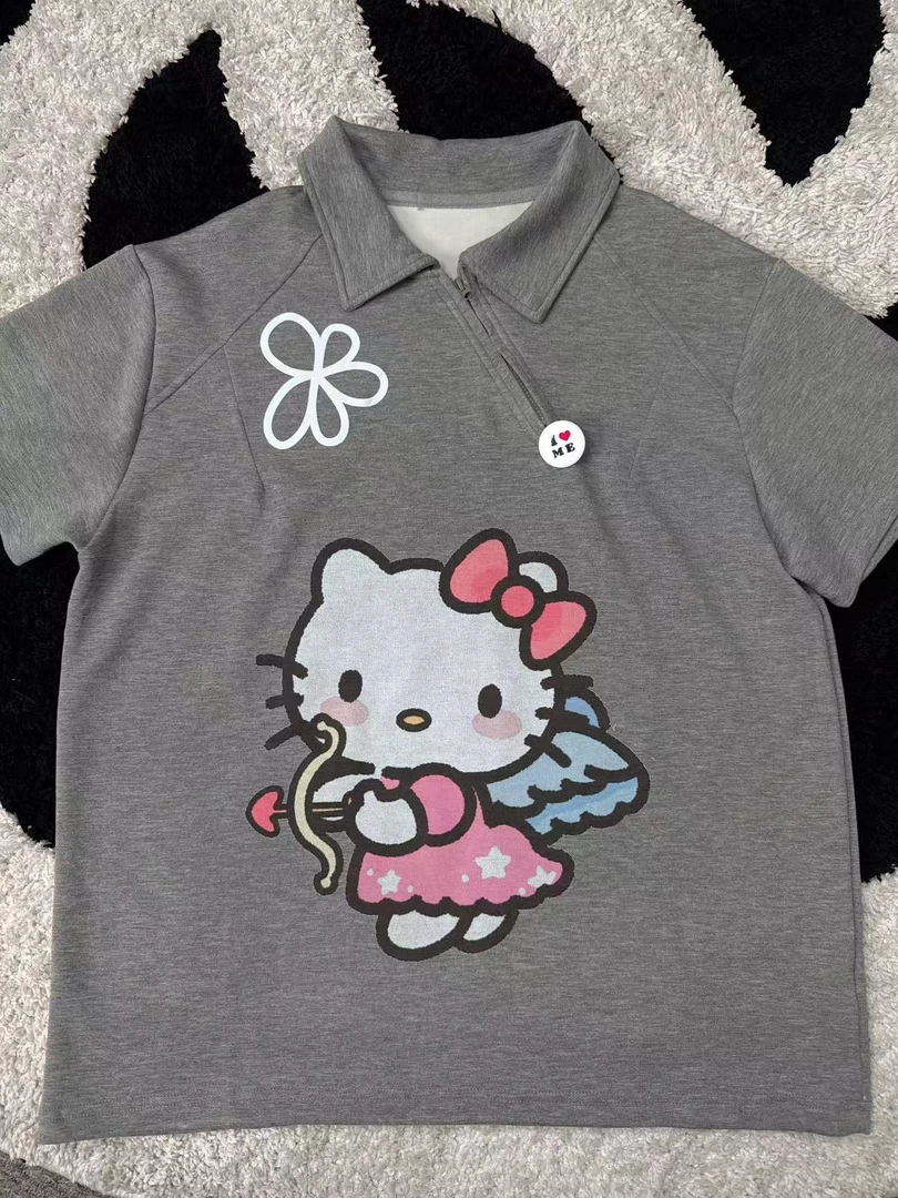 《晓辰推荐》半袖学院风猫咪夏装时尚T恤印花常规款翻领短袖