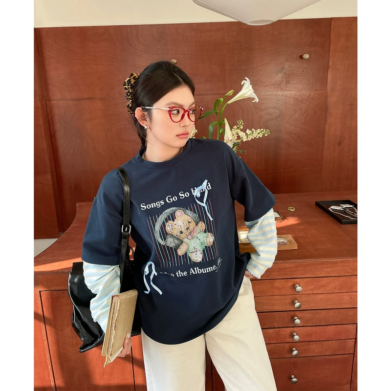 【现现专场】大码女装春季新款洋气上衣胖mm巨显瘦假两件宽松t恤