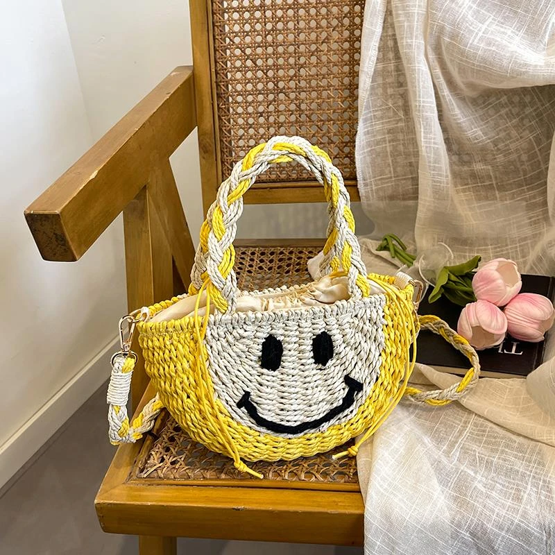 洋气可爱笑脸小包包编织包女夏日新款百搭手拎女包休闲度假草编包