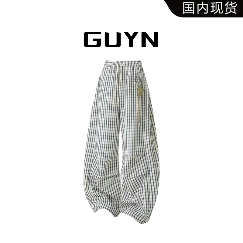【品牌现货】GUYN星星挂饰蓝色格子弯刀休闲裤慵懒松弛感夏季长裤子