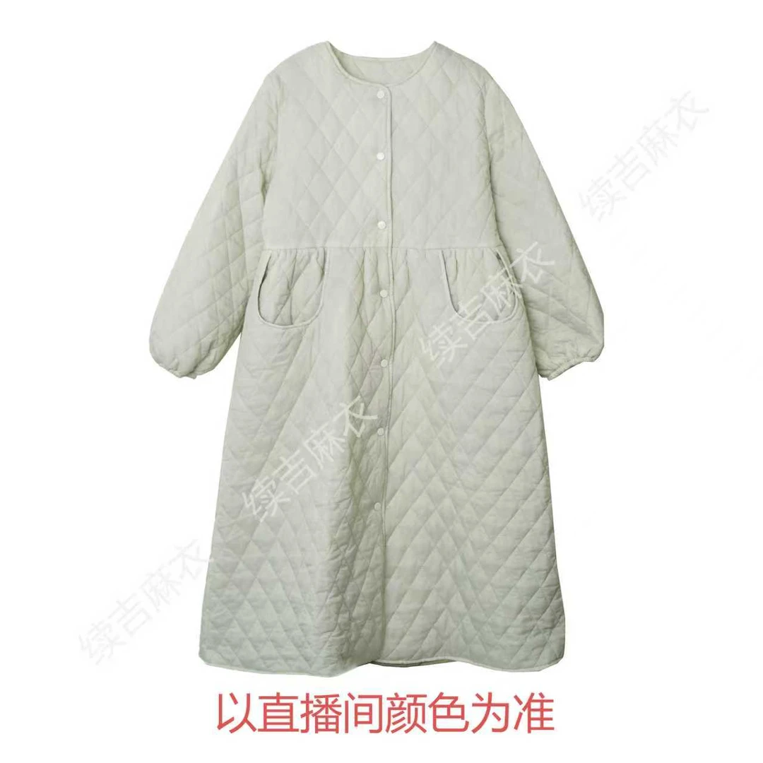 冬-续吉麻衣25-2354【‌青绾】圆领单排扣长袖百搭宽松中长款棉衣