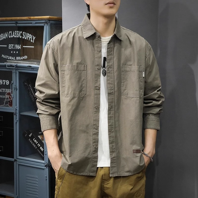 U&PURA翻领工装衬衫男春秋季新款衬衣男士休闲美式重磅外套上衣